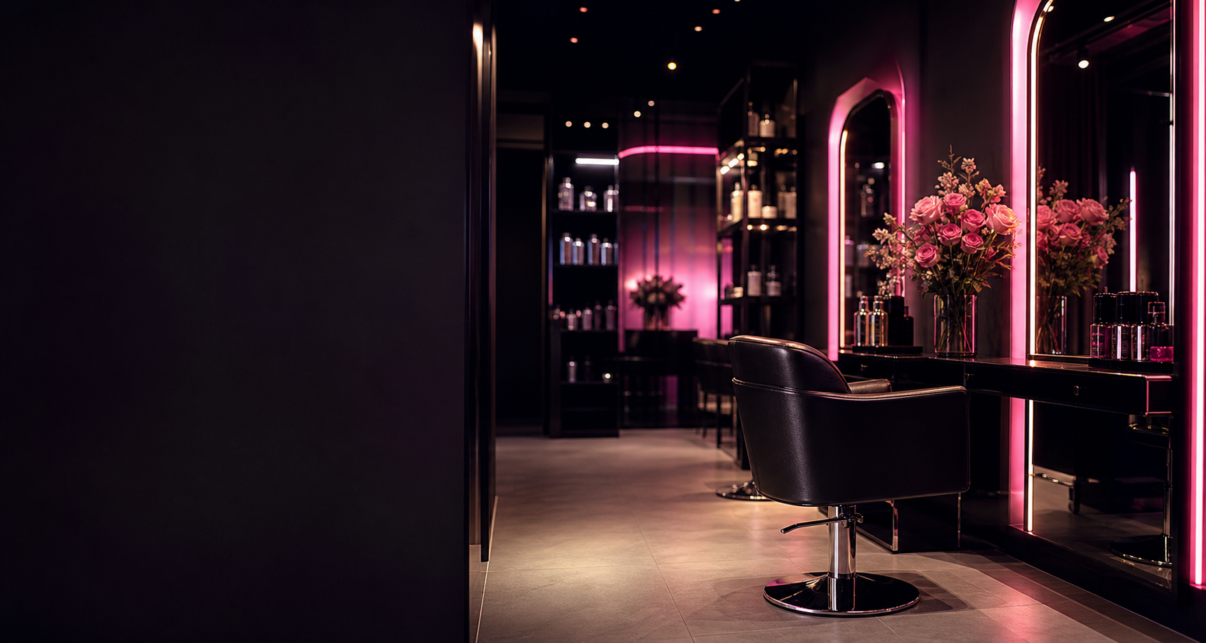 Luxury dark salon interior with magenta lighting